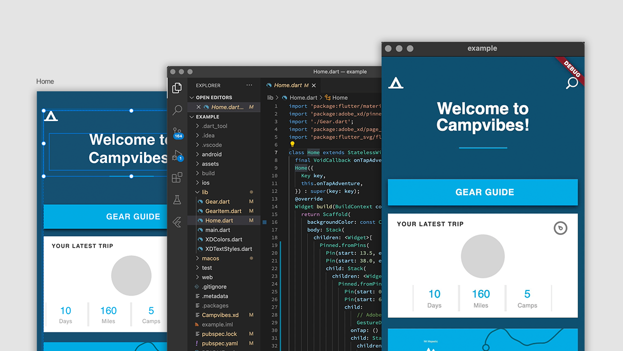 Screenshot of XD to Flutter, showing a project in Adobe XD being used in a Flutter project using the plugin for Visual Studio Code